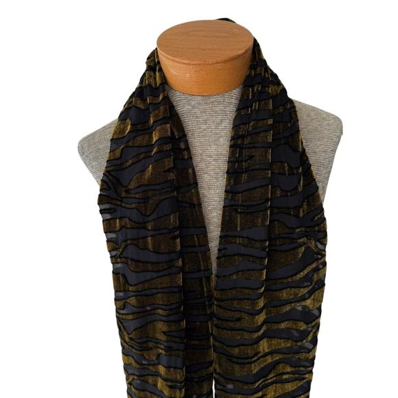 Rikka Scarf Womens 62" x 20" Green Black Velvet Brocaded Zebra Fringe Sheer - Picture 3 of 8